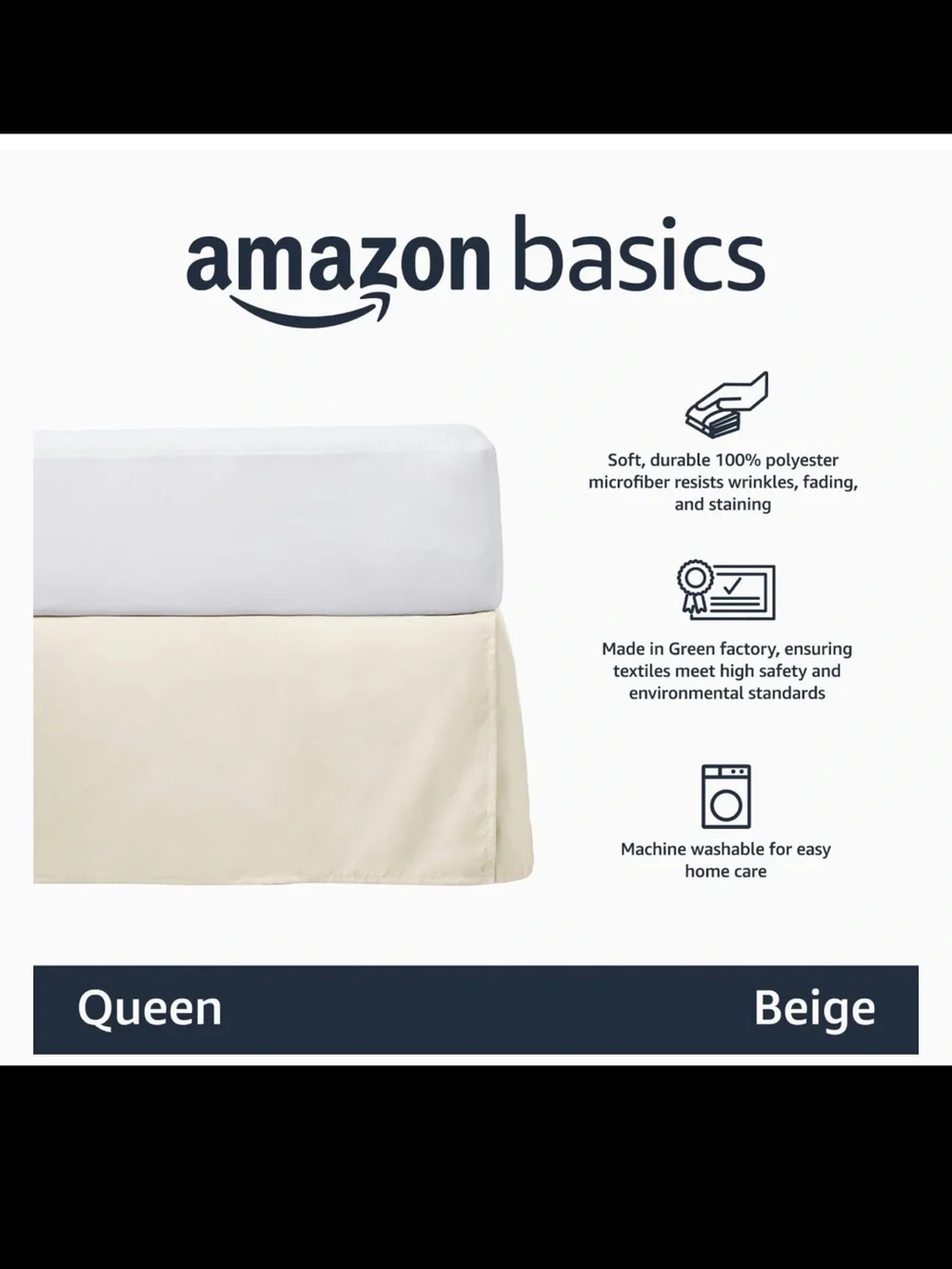 Amazon Basics Pleated Bed Skirt - Queen, Beige New in Box